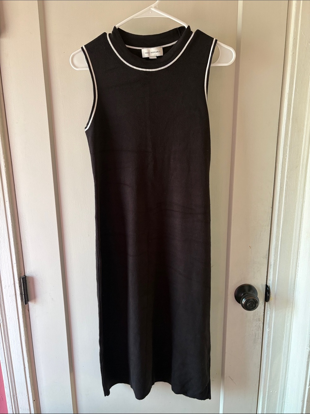 Sleeveless Black Midi Dress with White Trim